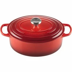 Best Sale 🥰 Le Creuset 5 Qt. Oval Signature Dutch Oven With Stainless Steel Knob | Cerise/Cherry Red ✔️
