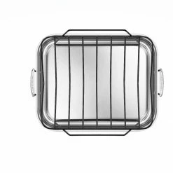 Deals 👏 Le Creuset Large Stainless Steel Roasting Pan With Nonstick Rack 🥰 -Le Creuset Shop rs7916 large pan overhead rack v7